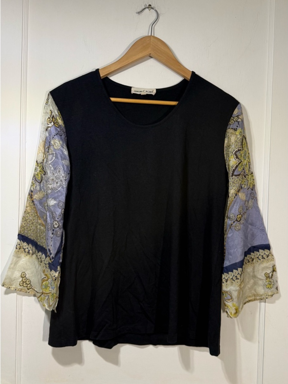 Johnny Was Black Cotton top with silk scarf sleeves